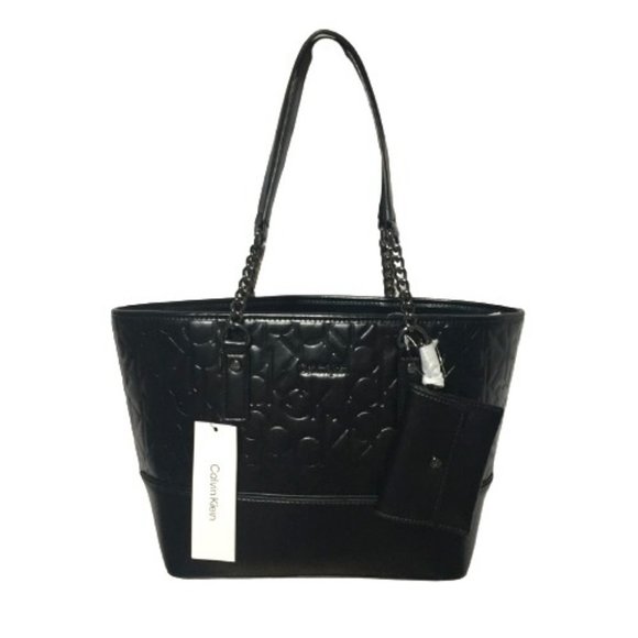 Calvin Klein Handbags - Calvin Klein Black Tote with Cardcase Purse Faux Leather Silver Accents